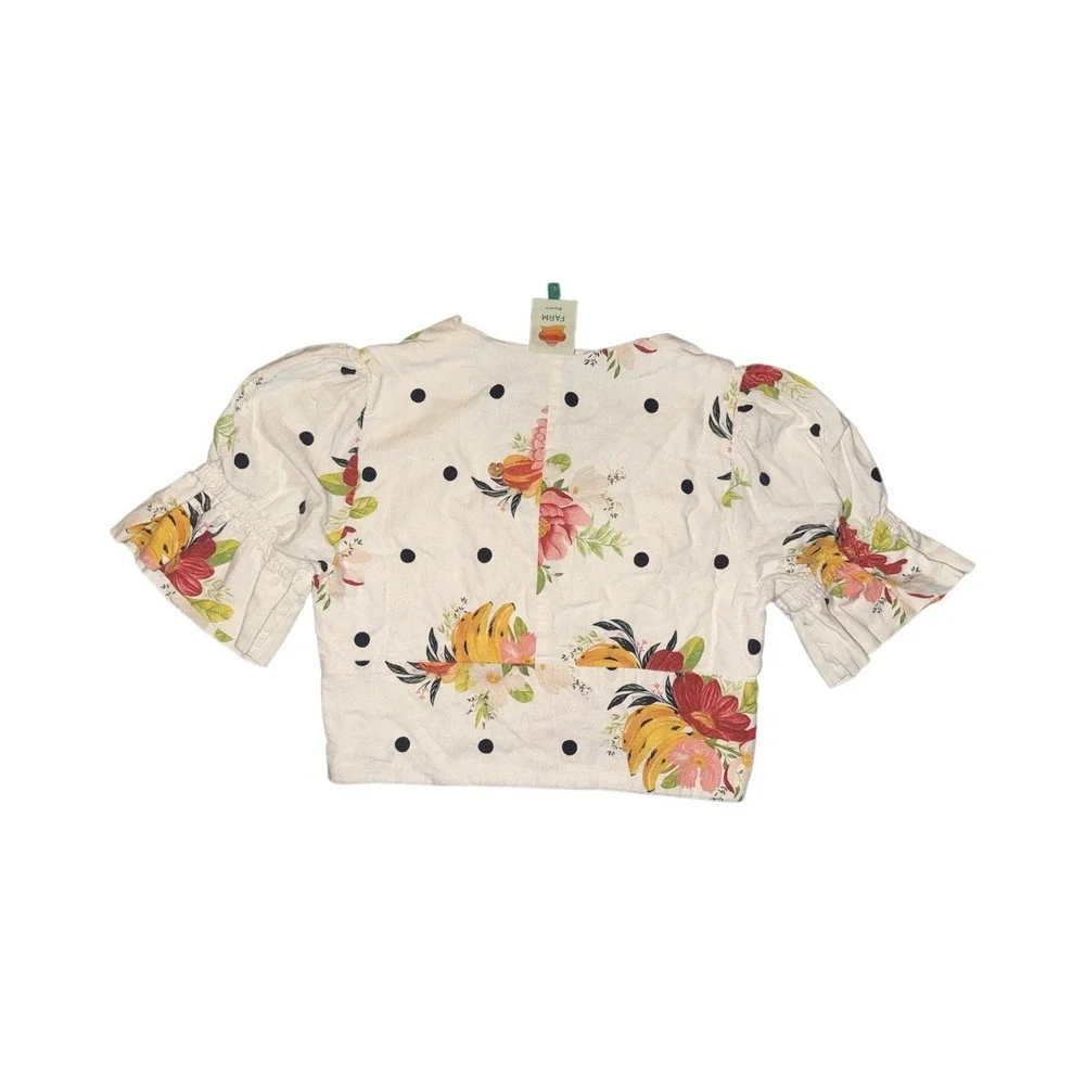 Farm Rio Nanaju Floral Polka Dot Crop Top Deep V-neck Puff Sleeves Size Large